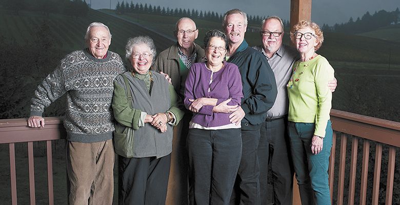 Longtime friends and winegrowers: (from left): Jim Maresh, Donna Jean McDaniel, Jim McDaniel, Vivian Weber, Nick Weber, Gerard
Koschal and Julia Staigers.##Photo by Del Munroe