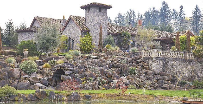 Villa Catalana Cellars features handcrated stone work, three ponds and lush landscaping.##Photo by Jade Helm