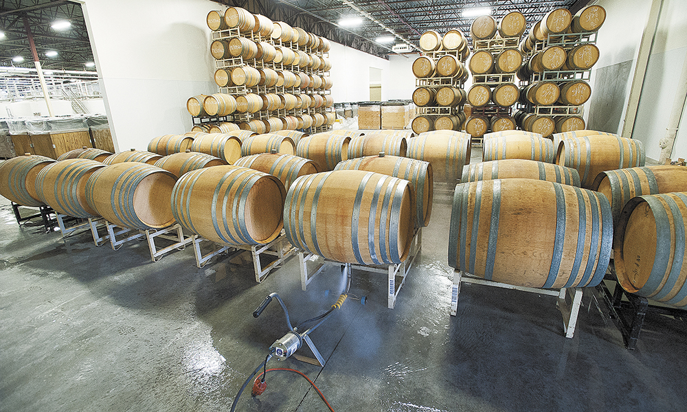 Now only partially filled, the capacity of this barrel aging room at Argyle’s new 65,000-square-foot winery in Newberg will be maximized by using metal stacking racks.##Photo by Marcus Larson