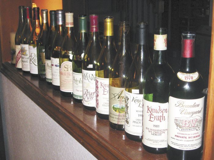 The line-up of empty bottles attests to a tasting that featured 1985 Pinot Noirs and other vinified rarities. Photo by Karl Klooster.