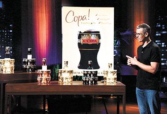 James Martin presents his business venture, Copa di Vino, to judges on the ABC-TV show &ldquo;Shark Tank.&rdquo; 