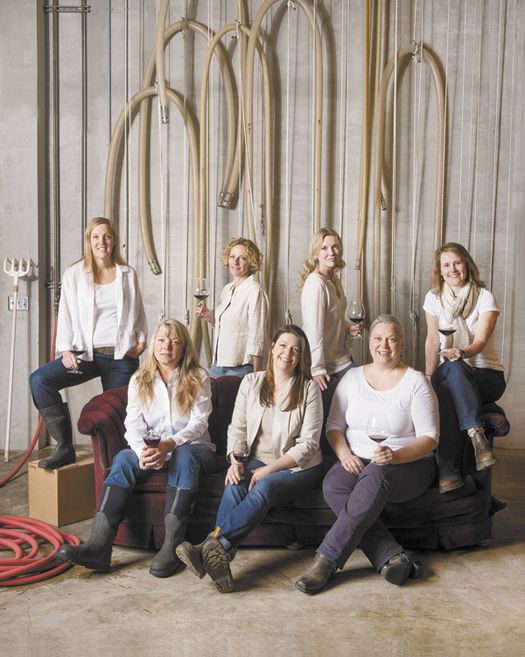 From left: (front) Linda Donovan, Luisa Ponzi, Amy Wesselman, (back) Anna Matzinger, Isabelle Dutartre, Kelley Fox, Lynn Penner-Ash. The seven winemakers gather at Penner-Ash Wine Cellars near Newberg for a glass of wine and a fun photo shoot.