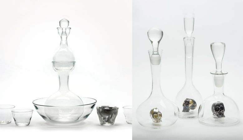 Left: Esque Studio Alchemist Decanter set. RIGHT: Skull in a Decanter. ##Product photo by Boone Speed
