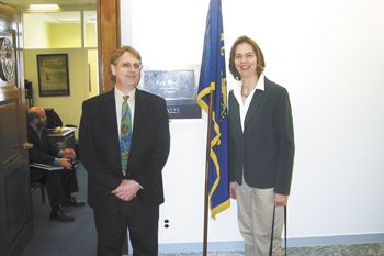 Kevin and Carla Chambers at the entranceto Sen. Ron Wyden’s office in Washington, DC. The couple has lobbied extensively on behalf of the Oregon wine industry.Photo provided